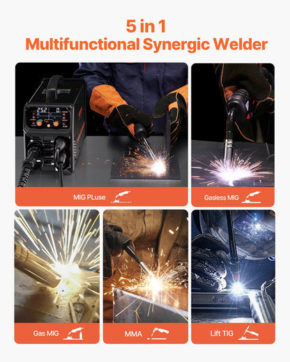 Pro MIG Welder, 250Amp Pluse Mig Welding Machine, 5-in-1 Synergic Welder Machine MIG Pluse/Gas MIG/Flux Core MIG/Stick/Lift TIG with IGBT Inverter Technology and LCD Screen Display