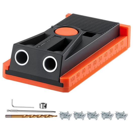 Pocket Hole Jig Kit, 12.7 to 38.1 mm Adjustable, Mini Jig Pocket Hole System with Step Drill, Hex Wrench, Drill Stop Ring, Square Drive Bit, and Screws, Reinforced Nylon Frame, for Woodworking.