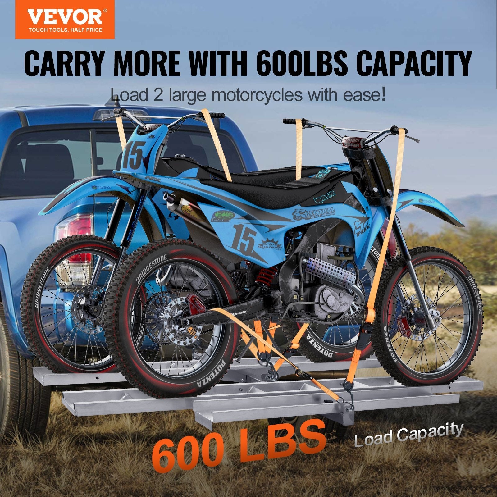 Motorcycle Carrier, 2-Bike 272.15KGS Aluminum Motorcycle Carrier Hitch Mount, Loading Ramp, Scooter Dirt Bike Trailer Hauler, Ratchet Straps and Stabilizer, for Car, Truck with 2" Hitch Receiver.