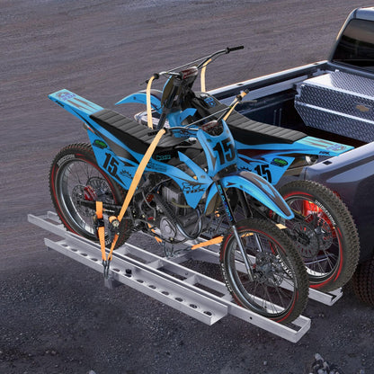 Motorcycle Carrier, 2-Bike 272.15KGS Aluminum Motorcycle Carrier Hitch Mount, Loading Ramp, Scooter Dirt Bike Trailer Hauler, Ratchet Straps and Stabilizer, for Car, Truck with 2" Hitch Receiver.