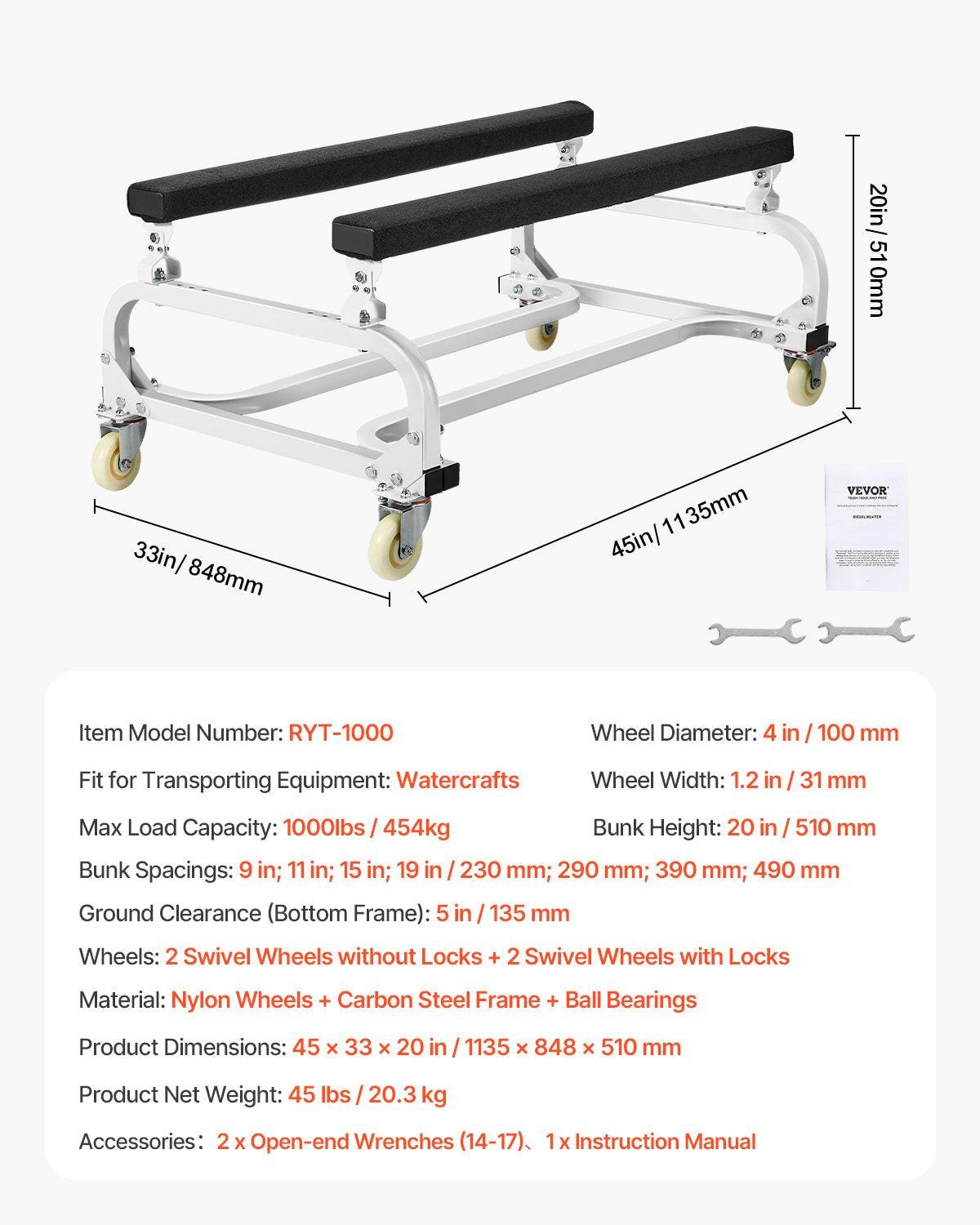 Watercraft PWC Dolly Boat 454 kg Capacity Jet Ski Stand Storage Cart.