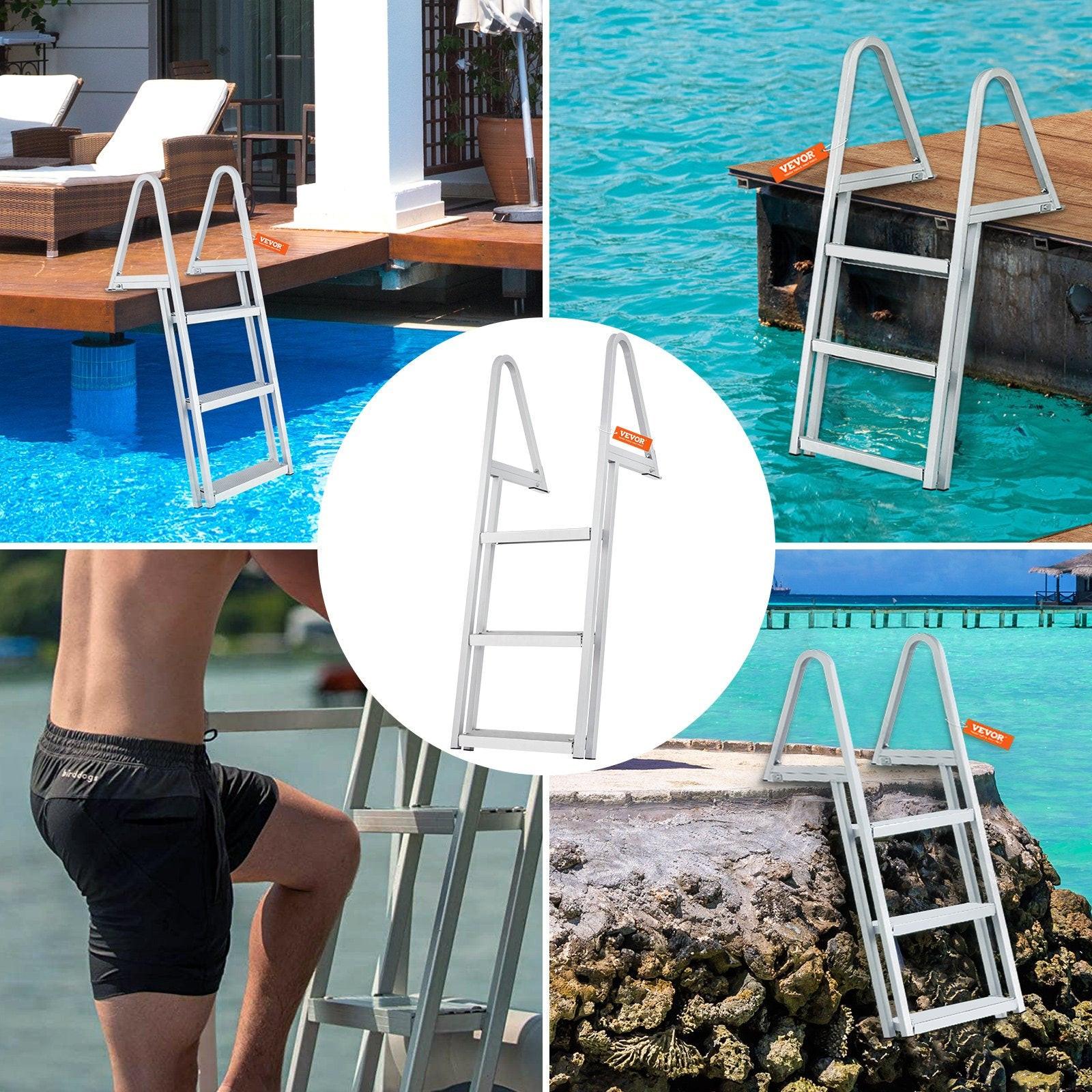 Dock Ladder, Removable 3 Steps, 159 kg Load Capacity, Aluminum Alloy Pontoon Boat Ladder with 101.6 mm Wide Step & Nonslip Rubber Mat, Easy to Install for Ship/Lake/Pool/Marine Boarding.