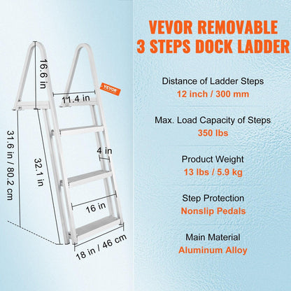 Dock Ladder, Removable 3 Steps, 159 kg Load Capacity, Aluminum Alloy Pontoon Boat Ladder with 101.6 mm Wide Step & Nonslip Rubber Mat, Easy to Install for Ship/Lake/Pool/Marine Boarding.
