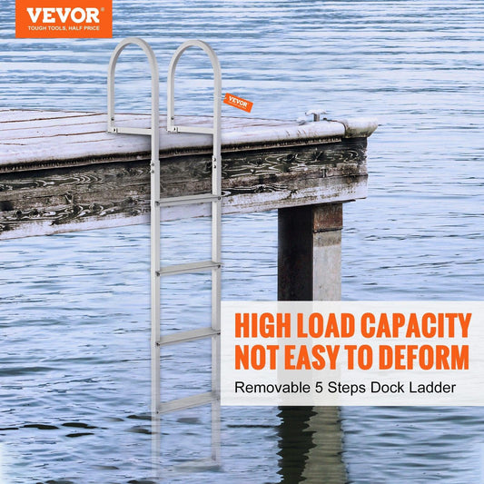 Dock Ladder, Removable 5 Steps, 227 kgs Load Capacity, Aluminum Alloy Pontoon Boat Ladder with 3.1'' Wide Step & Nonslip Rubber Mat, Easy to Install for Ship/Lake/Pool/Marine Boarding.