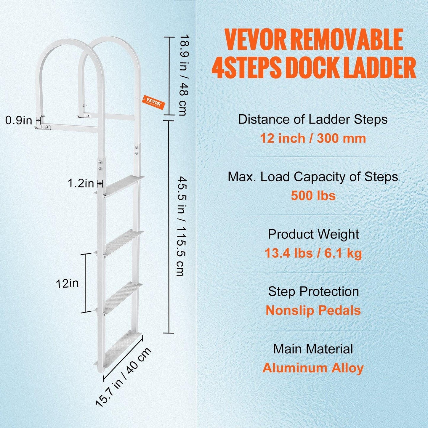 Dock Ladder, Removable 4 Steps, 500 lbs Load Capacity, Aluminum Alloy Pontoon Boat Ladder with 3.1'' Wide Step & Nonslip Rubber Mat, Easy to Install for Ship/Lake/Pool/Marine Boarding.