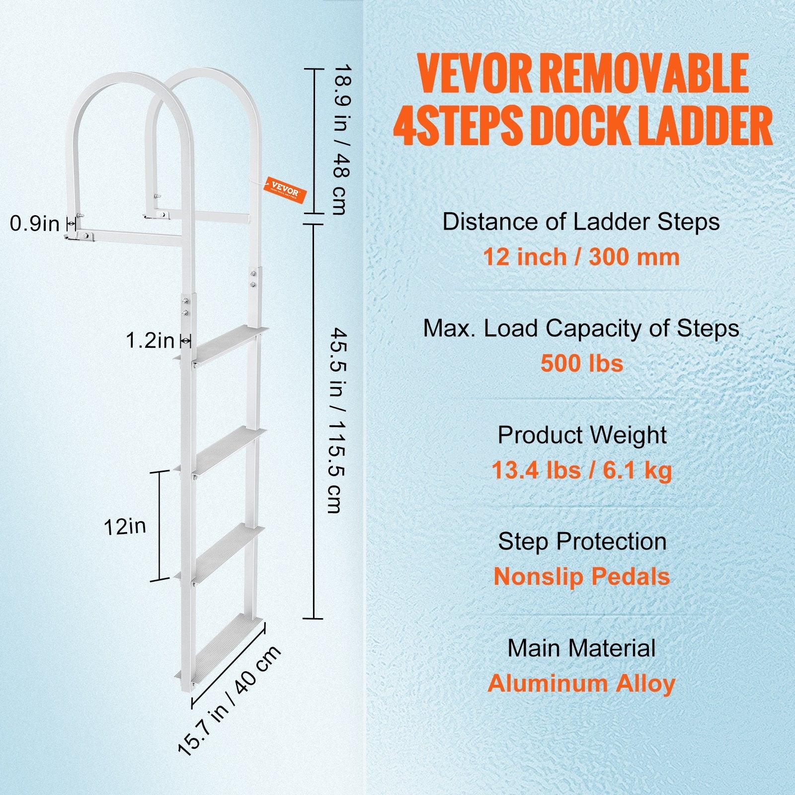 Dock Ladder, Removable 4 Steps, 500 lbs Load Capacity, Aluminum Alloy Pontoon Boat Ladder with 3.1'' Wide Step & Nonslip Rubber Mat, Easy to Install for Ship/Lake/Pool/Marine Boarding.