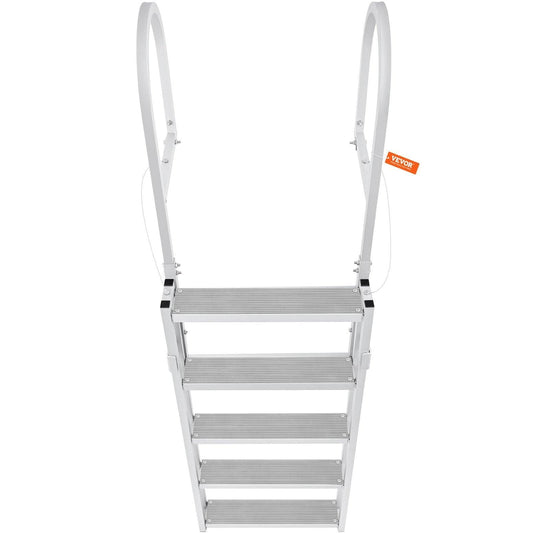 Dock Ladder, Retractable 5 Steps, 350 lbs Load Capacity, Aluminum Alloy Pontoon Boat Ladder with 66.9''-78.9'' Adjustable Height, 4'' Wide Step & Mat, for Ship/Lake/Pool/Marine Boarding.