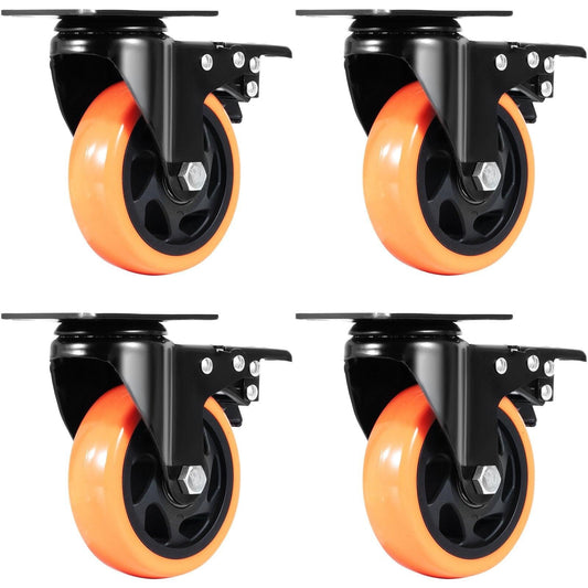 Caster Wheels, 101.6 mm Swivel Plate Casters, Set of 4, with Security A/B Locking No Noise PVC Wheels, Heavy Duty 159 kg Load Capacity Per Caster, Non-Marking Wheels for Cart Furniture Workbench.