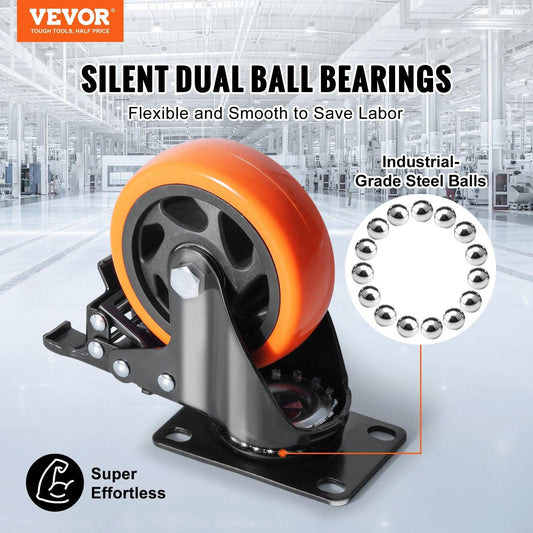 Caster Wheels, 101.6 mm Swivel Plate Casters, Set of 4, with Security A/B Locking No Noise PVC Wheels, Heavy Duty 159 kg Load Capacity Per Caster, Non-Marking Wheels for Cart Furniture Workbench.