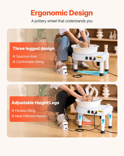 Pottery Wheel, 28 cm Ceramic Wheel Forming Machine, 60-300 RPM Speed Adjustable Foot Pedal, Adjustable Lift Leg, Detachable Basin, Complete Tool Accessory Kit for Work Art Craft DIY, White