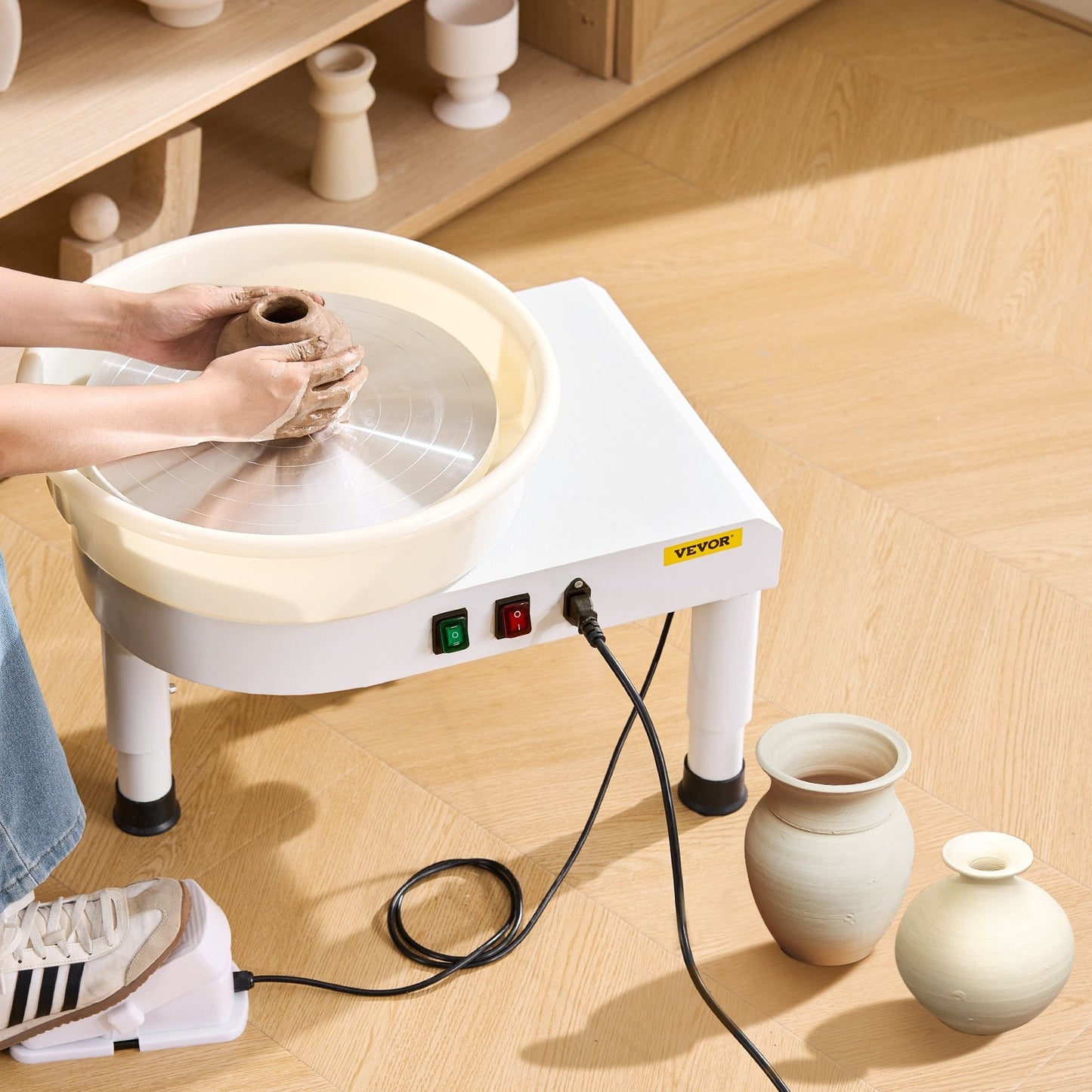 Pottery Wheel, 35 cm Ceramic Wheel Forming Machine, 60-300 RPM Speed Adjustable Foot Pedal, Adjustable Lift Leg, Detachable Basin, Complete Tool Accessory Kit for Work Art Craft DIY, White
