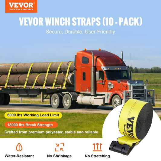 Winch Straps, 10.2 cm x 12.2 m, 2.7T Load Capacity, 8.2T Break Strength, Truck Straps with Flat Hook, Flatbed Tie Downs Cargo Control for Trailers, Farms, Rescues, Tree Saver, Yellow (10 Pack).