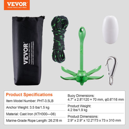 Kayak Anchor Kit, 3.5 lb Paddle Board Anchor Kit with 26.2 ft/8 m Rope and Buoy, Folding Small Boat Anchor with Storage Bag and Snap Hook, Kayak Accessories for Kayaks, Small Boats, Canoes