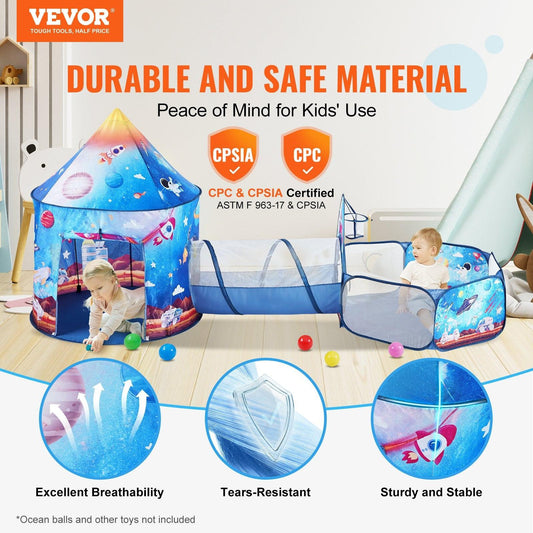 3 in 1 Kids Play Tent with Tunnel for Boys, Girls, Babies and Toddlers, Indoor/Outdoor Pop Up Playhouse with Carrying Bag & Banding Straps Birthday Gifts, Royal Blue Color Rocket Theme.