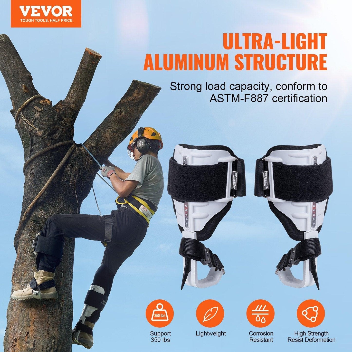 Tree Climbing Spikes, 1 Pair Aluminum Climbing Spurs, 350lbs Load Capacity Tree Climbing Gear with Straps and Spike Protectors, Arborist Equipment for Climbers, Hunting, Fruit Picking, White.