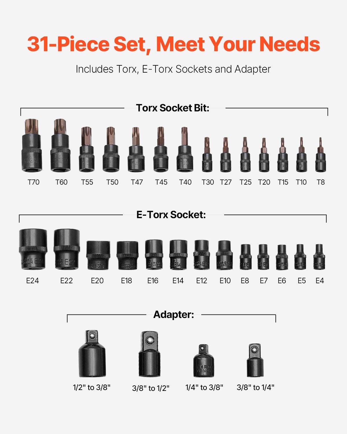 Torx Bit Socket and External Torx Socket Set 31-Piece T8-T70 and E4-E24 Steel.