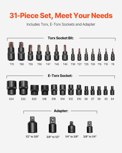 Torx Bit Socket and External Torx Socket Set 31-Piece T8-T70 and E4-E24 Steel.
