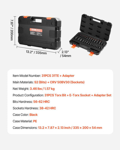 Torx Bit Socket and External Torx Socket Set 31-Piece T8-T70 and E4-E24 Steel.