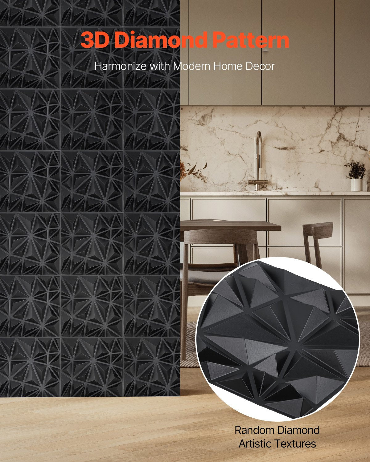 3D Wall Panels, 33-Pack 30 x 30 cm PVC Modern Art Minimalist Diamond Tiles, 2.97 m² Coverage Accent Wall Panel, Interior Home Decor for Ceiling, Bedroom, Living Room, Gaming Room, Matte Black