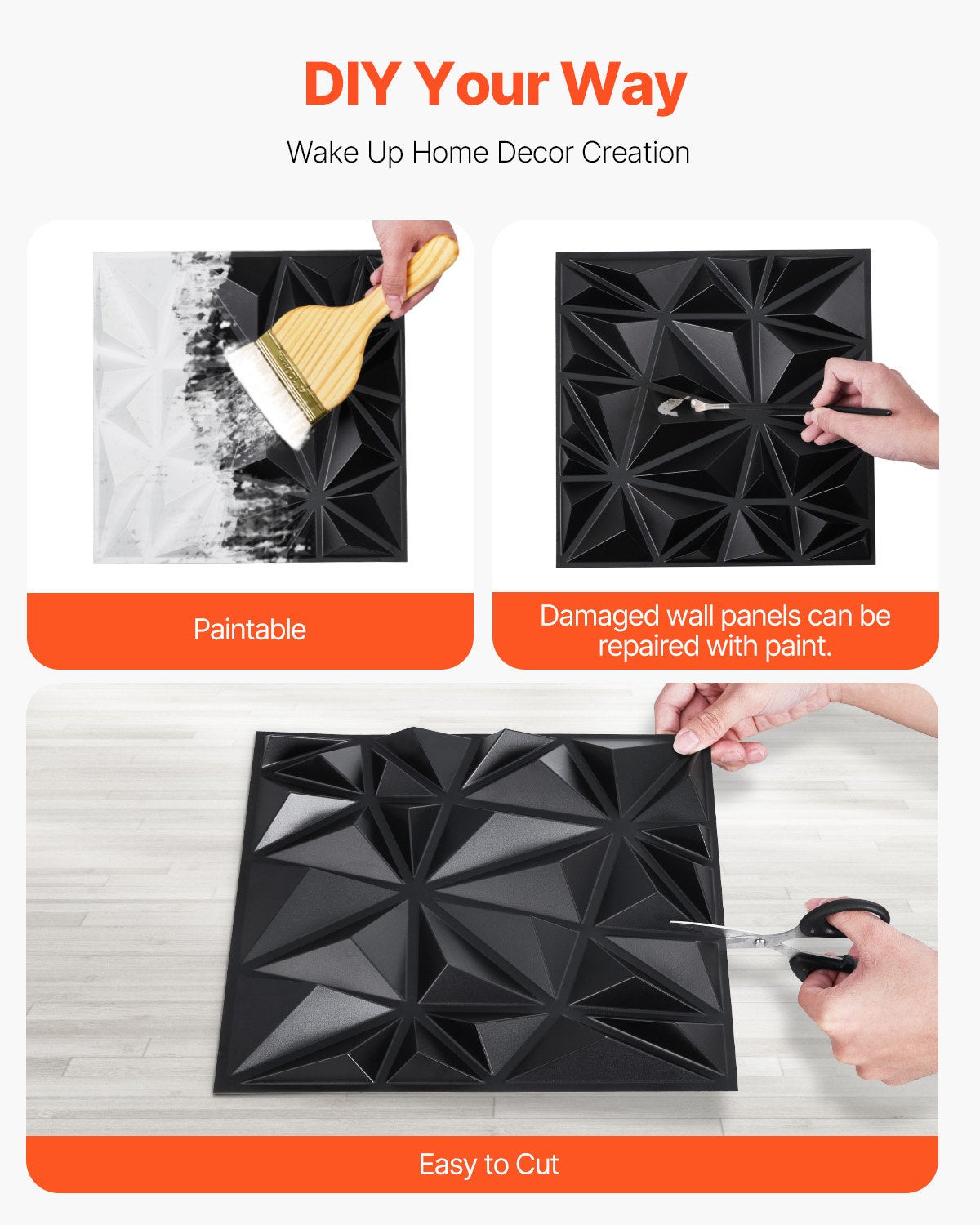 3D Wall Panels, 33-Pack 30 x 30 cm PVC Modern Art Minimalist Diamond Tiles, 2.97 m² Coverage Accent Wall Panel, Interior Home Decor for Ceiling, Bedroom, Living Room, Gaming Room, Matte Black