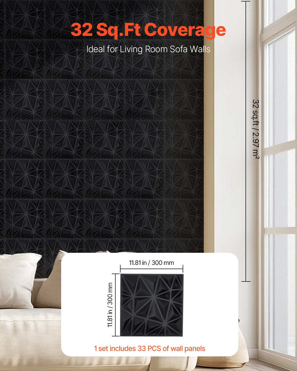 3D Wall Panels, 33-Pack 30 x 30 cm PVC Modern Art Minimalist Diamond Tiles, 2.97 m² Coverage Accent Wall Panel, Interior Home Decor for Ceiling, Bedroom, Living Room, Gaming Room, Matte Black