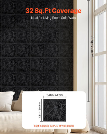 3D Wall Panels, 33-Pack 30 x 30 cm PVC Modern Art Minimalist Diamond Tiles, 2.97 m² Coverage Accent Wall Panel, Interior Home Decor for Ceiling, Bedroom, Living Room, Gaming Room, Matte Black
