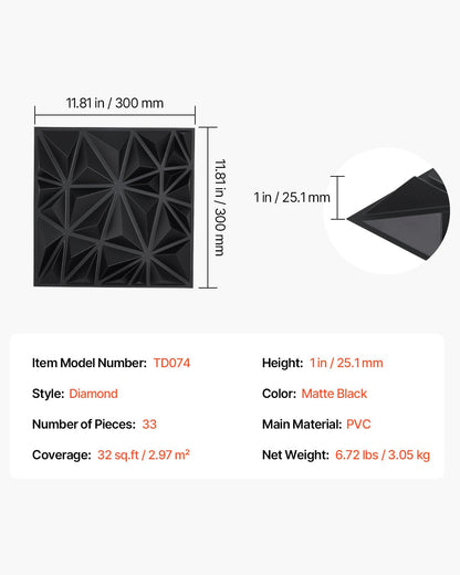 3D Wall Panels, 33-Pack 30 x 30 cm PVC Modern Art Minimalist Diamond Tiles, 2.97 m² Coverage Accent Wall Panel, Interior Home Decor for Ceiling, Bedroom, Living Room, Gaming Room, Matte Black