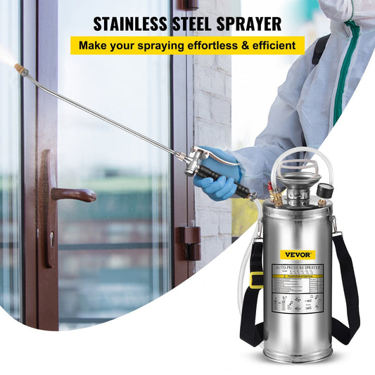 2Gal Stainless Steel Sprayer, Set with 20"" Wand& Handle& 3FT Reinforced Hose, Hand Pump Sprayer with Pressure Gauge&Safety Valve, Adjustable Nozzle Suitable for Gardening and Sanitizing