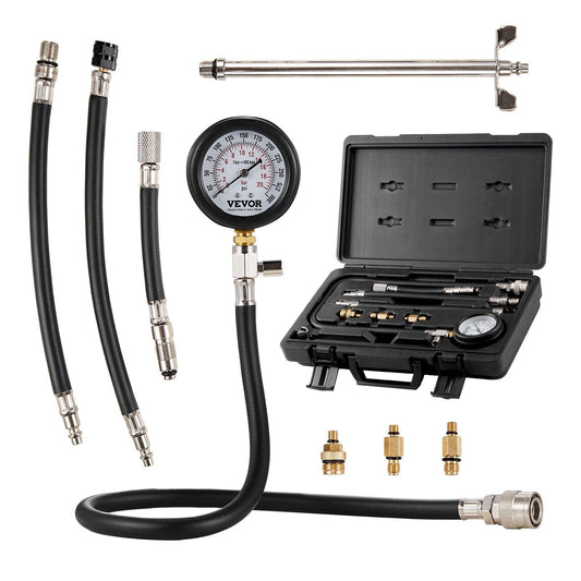 Compression Tester Adapter Kit, 9 Pcs Automotive Engine Cylinder Leak Down Compression Test, Accurate Dual Scale Pressure Gauge 0-300 psi, with Long Reach Hoses and Case for Engine Cylinders.