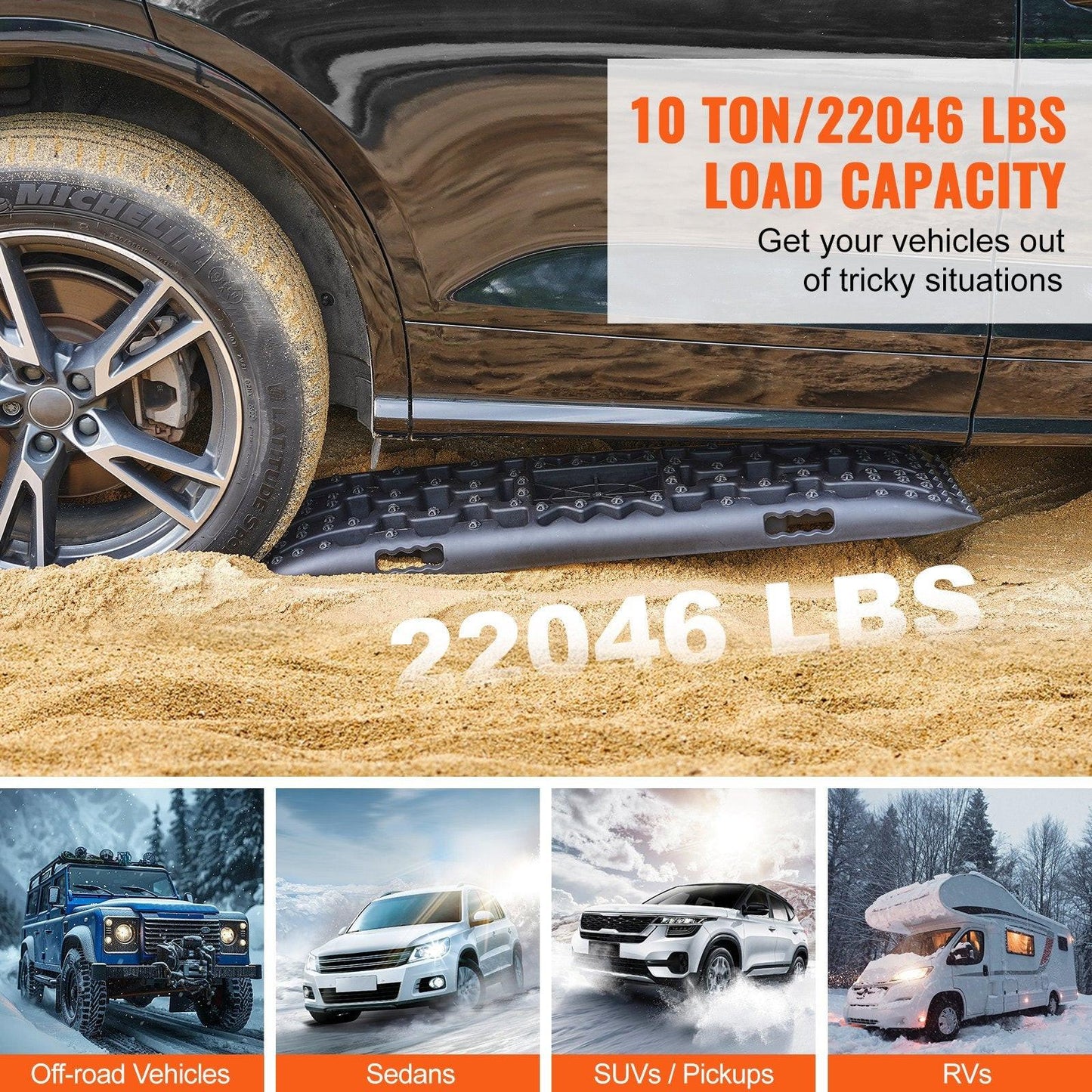 2PCS Traction Boards with PP for Mud Snow Sand Storage Bag Long Black.