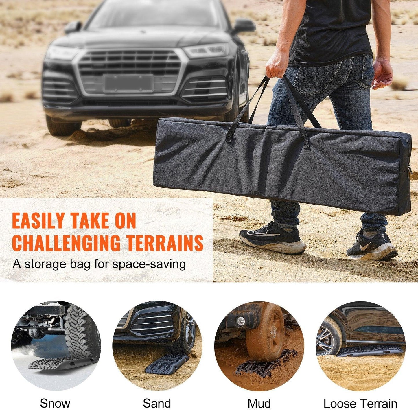 2PCS Traction Boards with PP for Mud Snow Sand Storage Bag Long Black.