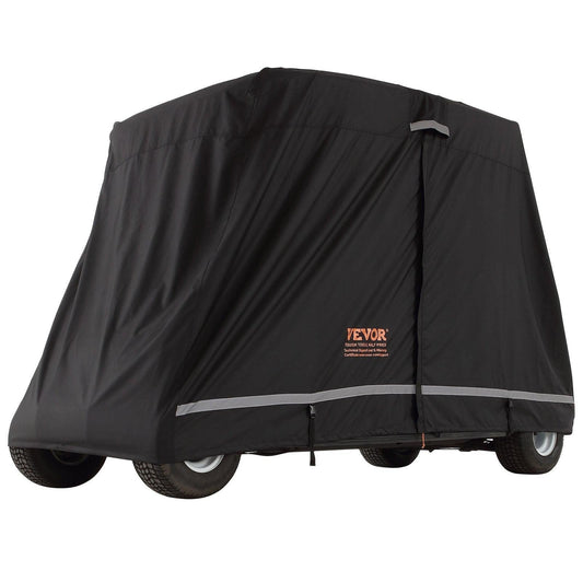 4 Passenger Golf Cart Cover, 600D Polyester Full Cover, Universal Fits for Most Brand Club Car Covers, Waterproof, Sunproof, and Dustproof Outdoor Golf Cart Cover with Three Zipper Doors, Black.