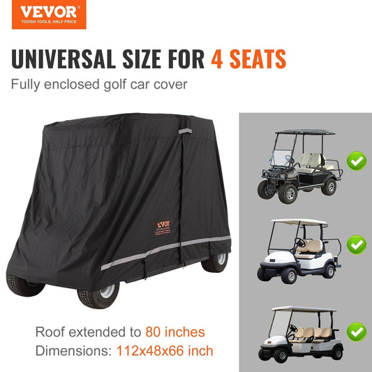 4 Passenger Golf Cart Cover, 600D Polyester Full Cover, Universal Fits for Most Brand Club Car Covers, Waterproof, Sunproof, and Dustproof Outdoor Golf Cart Cover with Three Zipper Doors, Black.