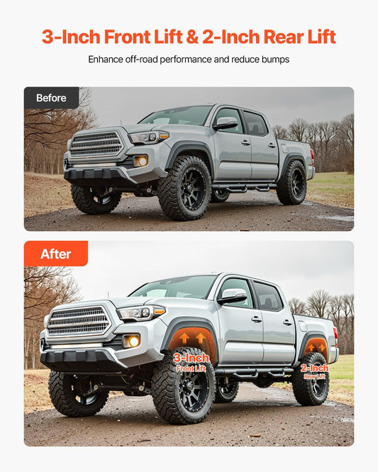 76.2 mm Front and 50.8 mm Rear Leveling Lift Kit for 2007-2023 Silverado 1500 2WD/4WD, 2007-2023 Sierra 1500 2WD/4WD, Chassis Level Kit with 2 Front Strut Spacers, 2 Rear Lift Blocks, 2 U-Bolts.