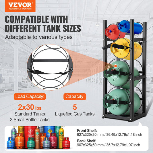 Refrigerant Tank Rack, with 2 x 30lbs and Other 3 Small Bottle Tanks, Cylinder Tank Rack 12.79x12.99x47.12 in, Refrigerant Cylinder Rack and Holders for Freon, Gases, Oxygen, Nitrogen.