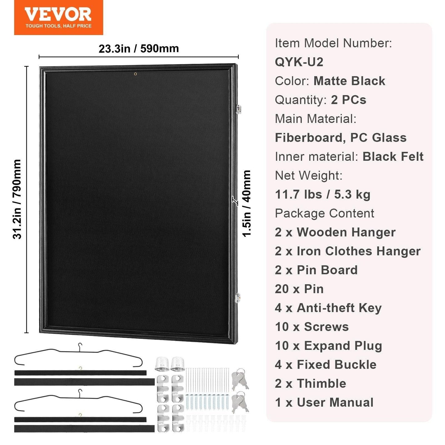 2PCs Jersey Display Frame Case, 590 x 790 x 40 mm, Large Lockable Sport Jersey Shadow Box with 98% UV Protection PC Glass and Hangers, for Baseball Basketball Football Hockey Shirt and Uniform.