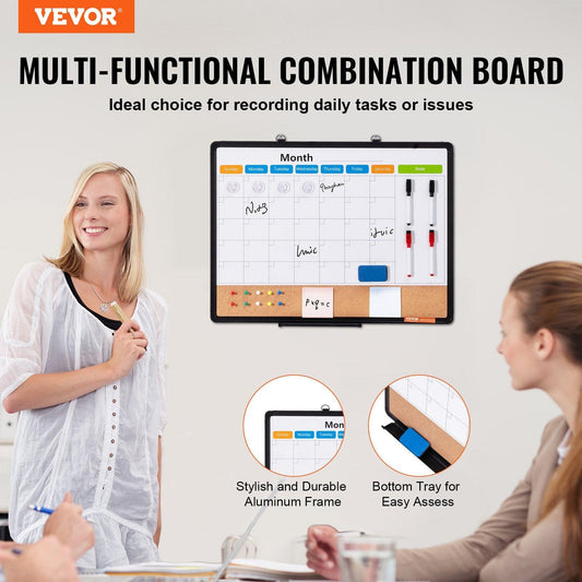 24"x 18" Monthly Calendar Whiteboard & Cork Board Combo with Aluminum Frame â 2-in-1 Magnetic Dry Erase Bulletin Board for Wall Mount â Ideal for School, Home, Office.