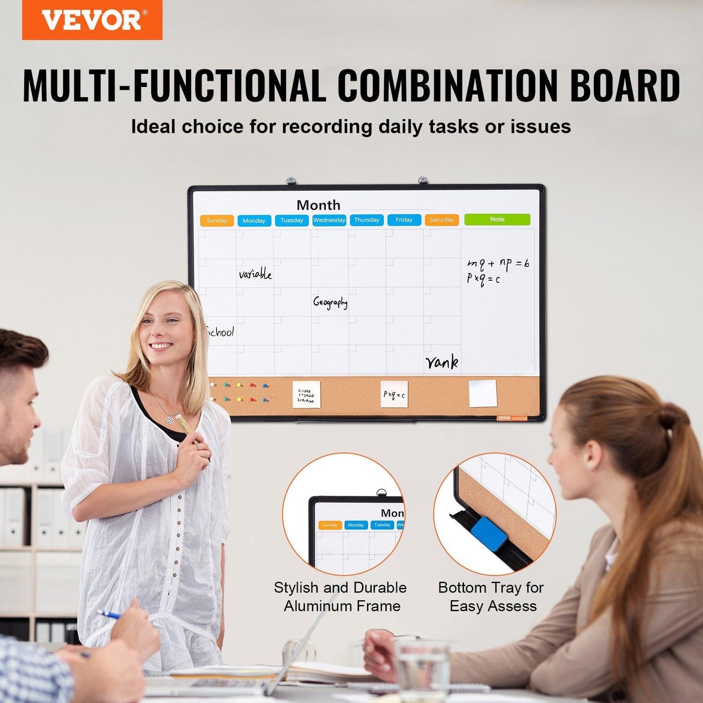 36"x 24" Monthly Calendar Whiteboard & Cork Board Combo with Aluminum Frame â 2-in-1 Magnetic Dry Erase Bulletin Board for Wall Mount â Ideal for School, Home, Office.
