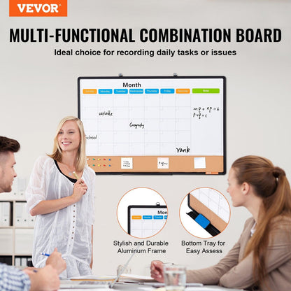 36"x 24" Monthly Calendar Whiteboard & Cork Board Combo with Aluminum Frame â 2-in-1 Magnetic Dry Erase Bulletin Board for Wall Mount â Ideal for School, Home, Office.