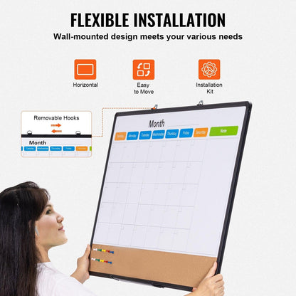 36"x 24" Monthly Calendar Whiteboard & Cork Board Combo with Aluminum Frame â 2-in-1 Magnetic Dry Erase Bulletin Board for Wall Mount â Ideal for School, Home, Office.