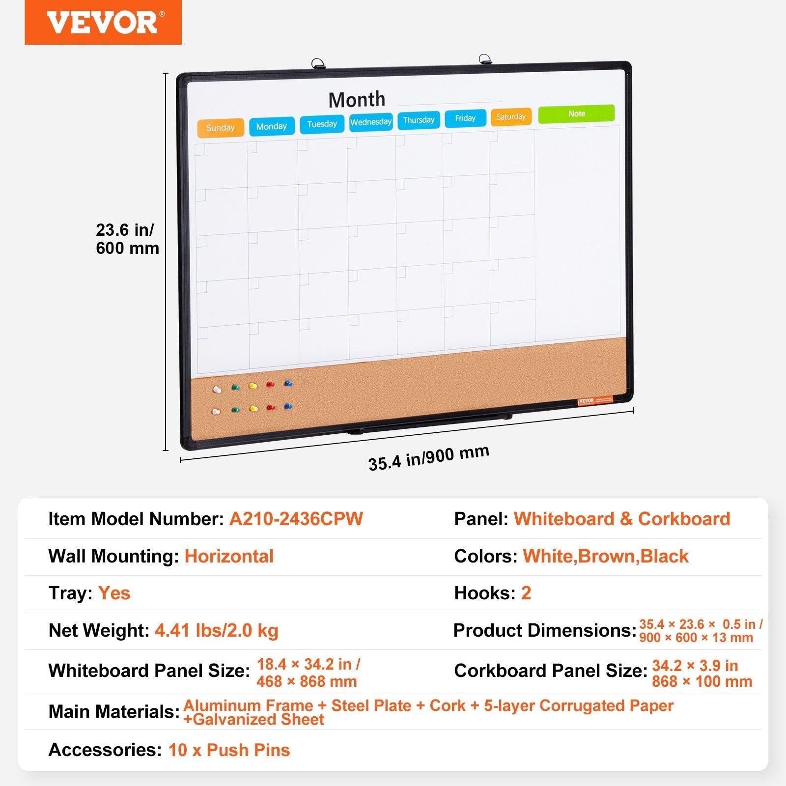 36"x 24" Monthly Calendar Whiteboard & Cork Board Combo with Aluminum Frame â 2-in-1 Magnetic Dry Erase Bulletin Board for Wall Mount â Ideal for School, Home, Office.