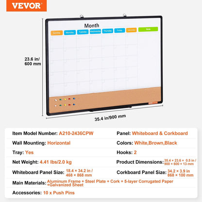 36"x 24" Monthly Calendar Whiteboard & Cork Board Combo with Aluminum Frame â 2-in-1 Magnetic Dry Erase Bulletin Board for Wall Mount â Ideal for School, Home, Office.