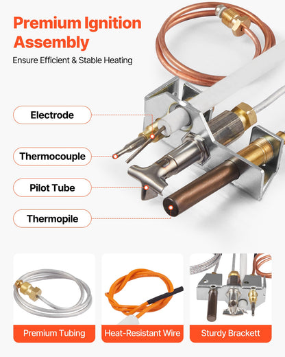 Gas Pilot Assembly, OE 4021-732, 25660 Fireplace Gas Pilot Assembly, Natural Gas Ignition Replacement with Pilot Tube, Thermocouple, Thermopile, Wires, Compatible with Heatilator Models
