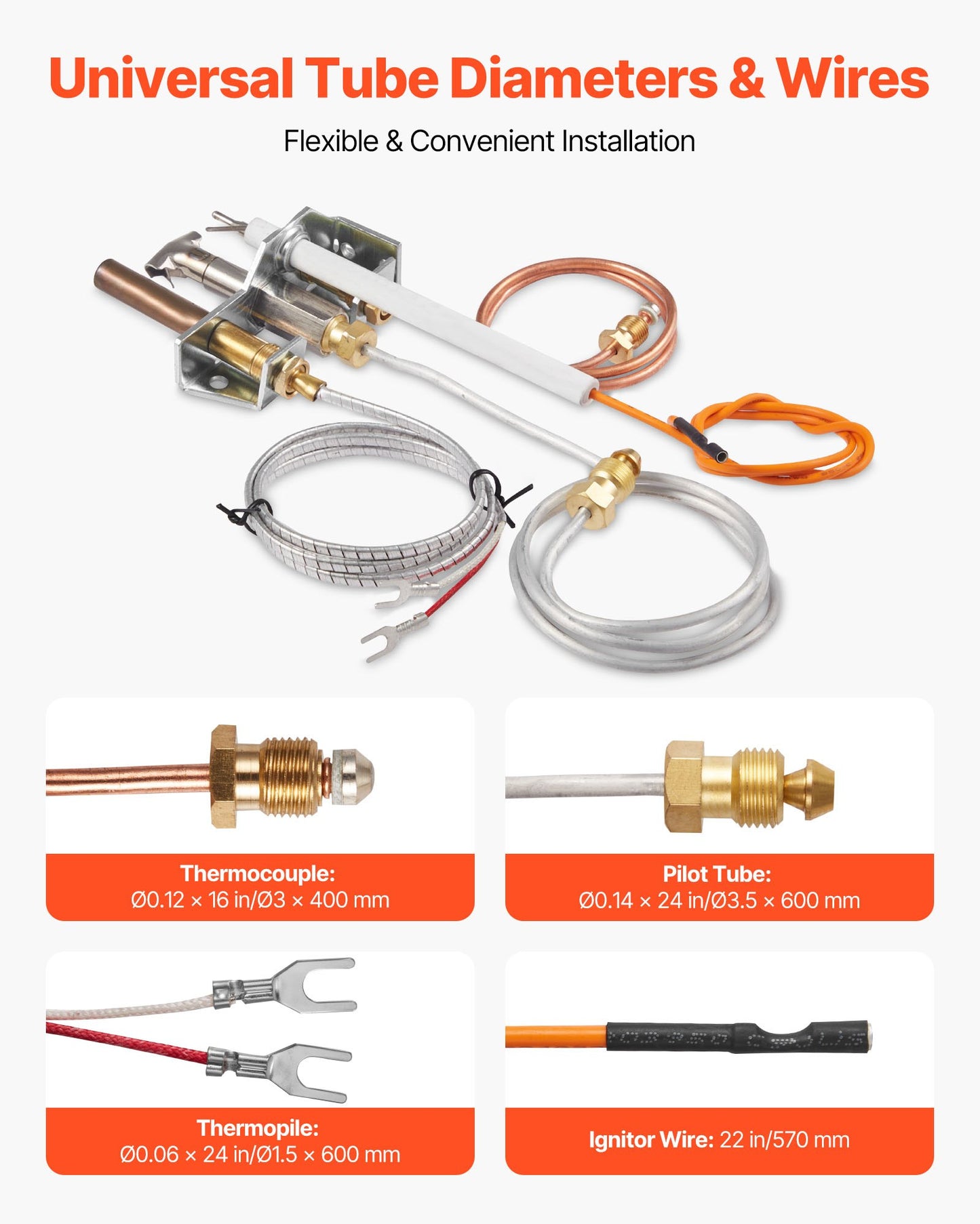 Gas Pilot Assembly, OE 4021-732, 25660 Fireplace Gas Pilot Assembly, Natural Gas Ignition Replacement with Pilot Tube, Thermocouple, Thermopile, Wires, Compatible with Heatilator Models