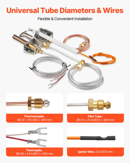 Gas Pilot Assembly, OE 4021-732, 25660 Fireplace Gas Pilot Assembly, Natural Gas Ignition Replacement with Pilot Tube, Thermocouple, Thermopile, Wires, Compatible with Heatilator Models