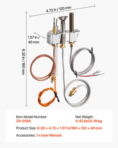 Gas Pilot Assembly, OE 4021-732, 25660 Fireplace Gas Pilot Assembly, Natural Gas Ignition Replacement with Pilot Tube, Thermocouple, Thermopile, Wires, Compatible with Heatilator Models