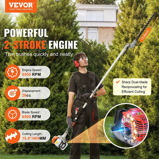 15.7-inch 26CC 2 Cycle Gas Hedge Trimmer, Gas Powered Pole Hedge Trimmer with Dual Sided Dual Action Blade, Adjustable Trimmer Head, Suitable for Trimming Shrubs, Bushes.