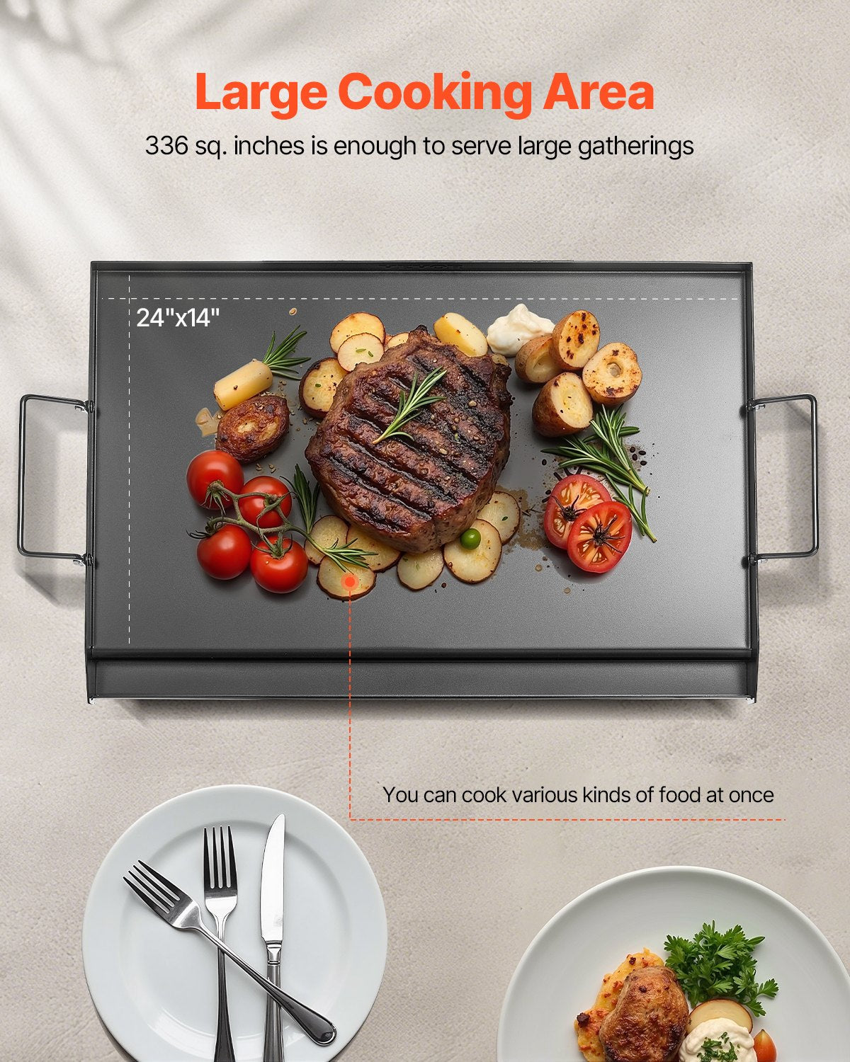 Carbon Steel Griddle, 24x16 inch Universal Flat Top Rectangular Plate, Gas Grill Griddle for BBQ Grill, Teppanyaki, Portable Family Cookware with Handle, for Camping Tailgating Party.