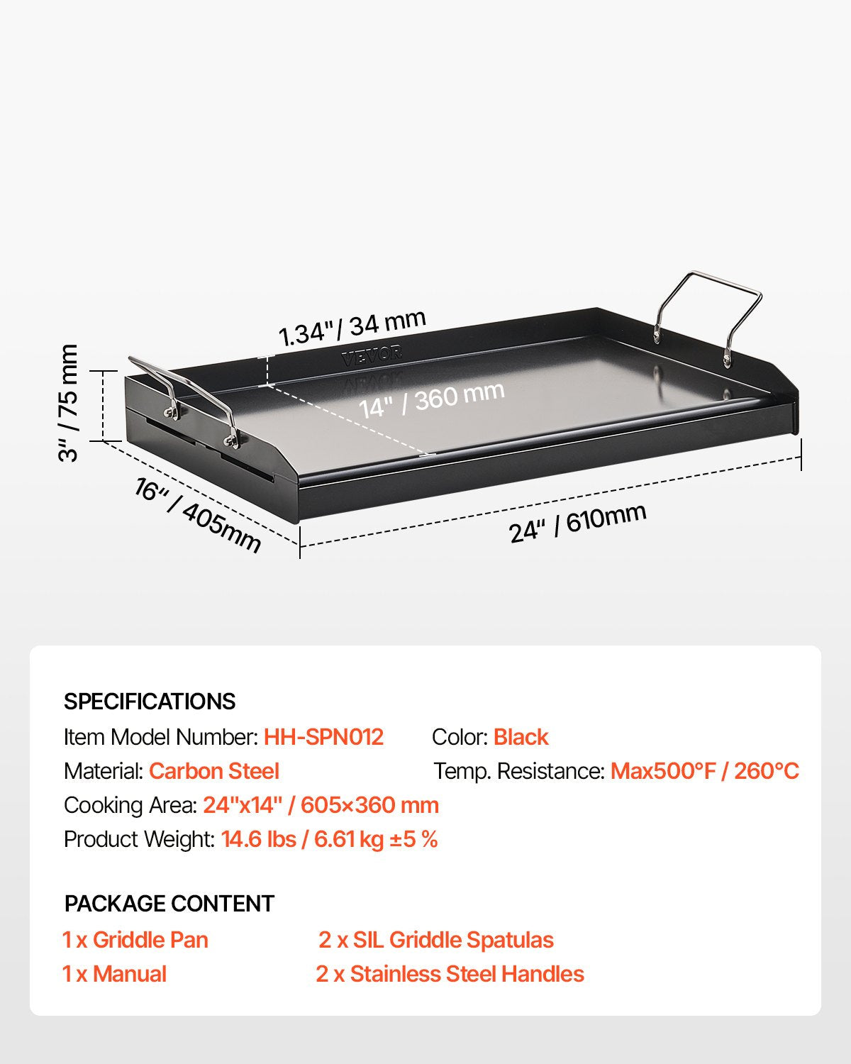 Carbon Steel Griddle, 24x16 inch Universal Flat Top Rectangular Plate, Gas Grill Griddle for BBQ Grill, Teppanyaki, Portable Family Cookware with Handle, for Camping Tailgating Party.