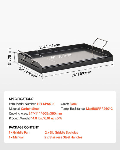 Carbon Steel Griddle, 24x16 inch Universal Flat Top Rectangular Plate, Gas Grill Griddle for BBQ Grill, Teppanyaki, Portable Family Cookware with Handle, for Camping Tailgating Party.